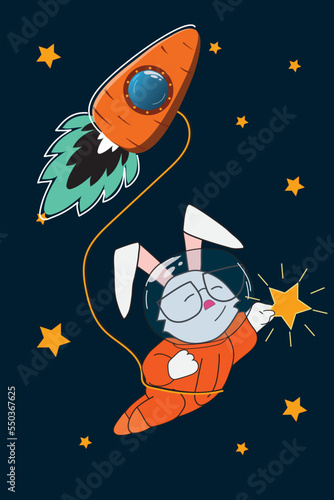 Bunny astronaut tied to a Carrot rocket with a star in his hand in Veggie space vector illustration. Extraterrestrial fictional childish background, greeting card, wallpaper