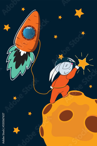 Bunny astronaut on the moon with a star in his hand tied to a Carrot rocket in veggie space vector illustration. Extraterrestrial fictional childish background, greeting card, wallpaper