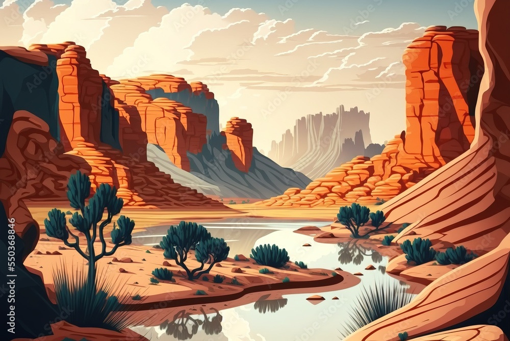 Arizona like valley desert landscape with river stream and towering sandstone rock formation cliffs, beautiful rain clouds in the distant horizon - Generative Ai
