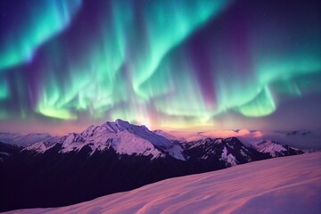 Leinwandbilder Nordlichter Polarlichter über winterlicher Bergkette  © Valentine