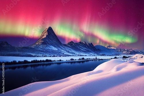 Nothern Lights  Aurora Borealis. Sunrise in the mountains  Lake  River. Mountains sunset. Polar Lights  Beautiful North. Winter Landscape. Watercolor. Poster  Post card.