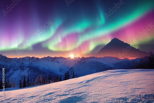 Nothern Lights, Aurora Borealis. Mountains sunset. Winter landscape in the mountains. Sunrise in the mountains. Beautiful North. Winter Landscape. Nature. Natural phenomena.