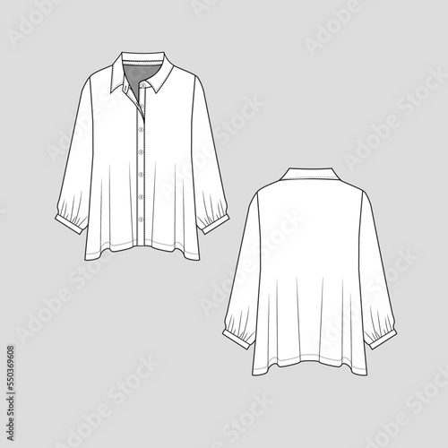 Polo Collar t shirt top full open button panel placket ruffles hem long sleeve gathering with cuffs  fashion Sketch  technical drawing template design vector