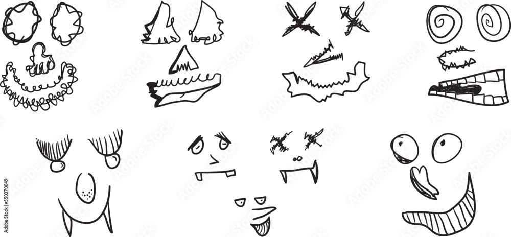 Fototapeta premium Cartoon set bundles emoticon creepy doodles hand drawn and symmetry style illustration vector for background, wallpaper, decoration, coloring book, print, illustration project, and many more.