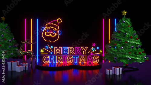 Merry Christmas Neon Sign Background 3d Render
