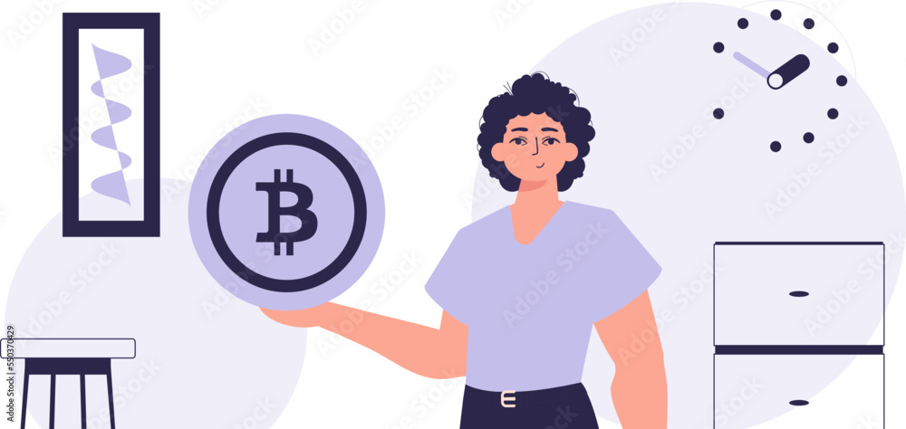 Cryptocurrency concept. A man holds a bitcoin in his hands. Character in trendy style.