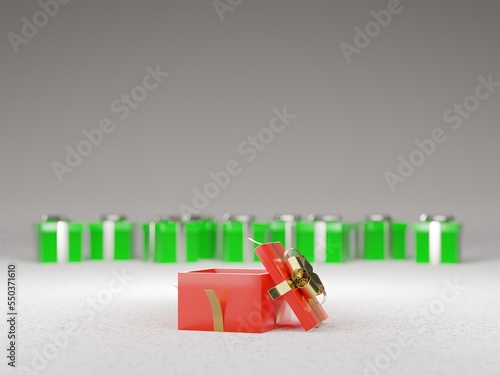 3d render of opening red present box on white soft hairy cloth texture, blured green boxes background, copy space
