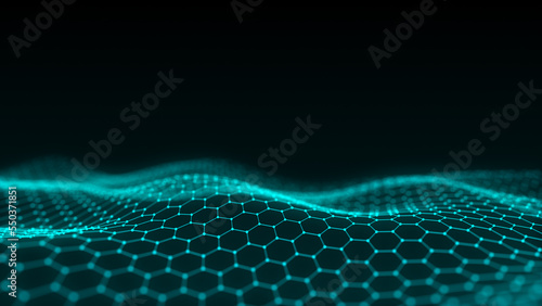 Futuristic hexagon wave. Dark cyberspace. Abstract wave with dots and line. White moving particles on background. 3d rendering. © Flow 37