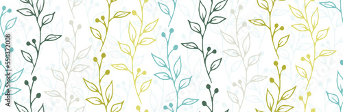 Berry bush sprigs organic vector seamless background. Creative herbal textile print. Meadow plants leaves and bloom wallpaper. Berry bush sprouts spring repeating pattern