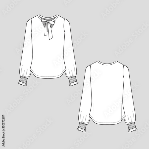 Choker Neck knotted top Long Sleeve gathering smocked hem frill fashion sketch drawing template design
