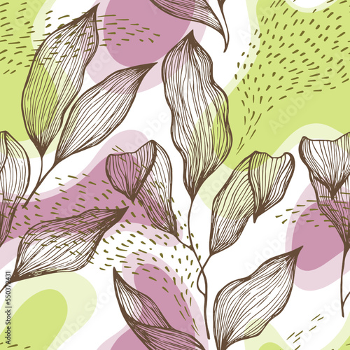 Sketch style doodle line texture leaves over stains and dots seamless vector ...