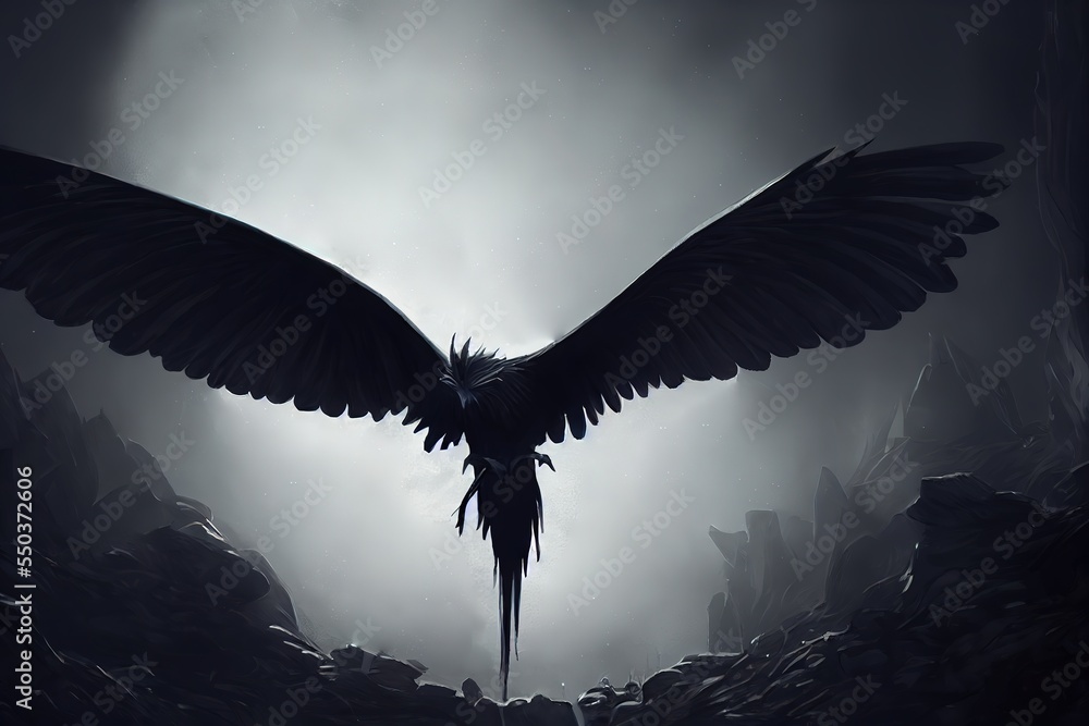 Obraz premium king of crows, lit by moonlight, angel wings in the sky