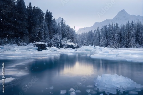 winter season, ice and snow, harsh natural environment, snowflakes falling on poplars, glaciers