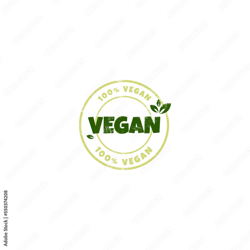 Vegan and natural products sticker, label, badge and logo with grunge texture. Logo template with green leaves for organic and vegan products. Vector illustration.