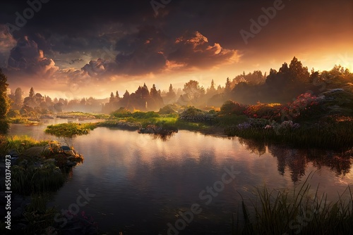 river in a garden, sunset, epic cloud