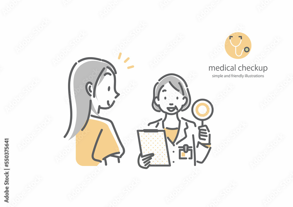 検査結果を知らせる女性医師と患者の女性　シンプルでお洒落な線画イラスト