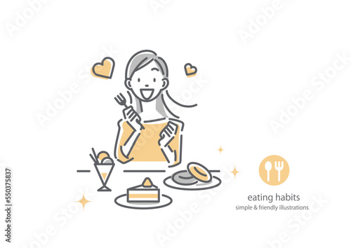 スイーツにはしゃぐ若い女性　シンプルでお洒落な線画イラスト