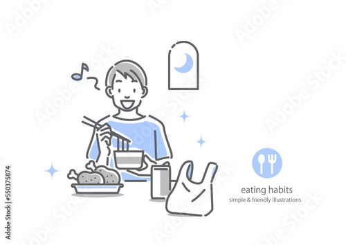 栄養の偏った食事を楽しむ男性　シンプルでお洒落な線画イラスト