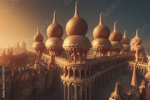 Foto sprawling fantasy citadel palace with bulbous architecture, balconies, arches, g