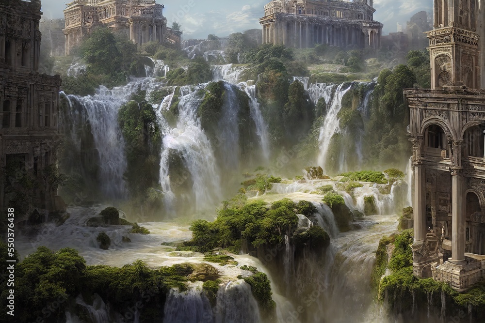 Sprawling towering Roman marble architecture fort-city, with waterfalls and reflecting pools