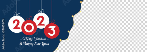Christmas background with New Year 2023 text . Transparent backgound with realistic garland and transparent background. Vector illustration concept