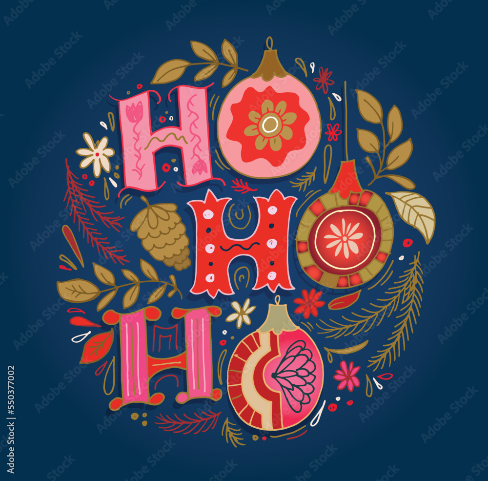 Happy winter holidays postcard. Seasons greetings.  Merry Christmas and happy new year lettering. Holly jolly. Merry and bright.