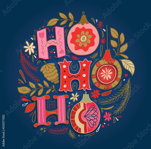 Happy winter holidays postcard. Seasons greetings.  Merry Christmas and happy new year lettering. Holly jolly. Merry and bright.