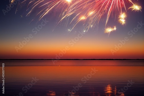 sunset to night, calm sea, firework © Rarity Asset Club