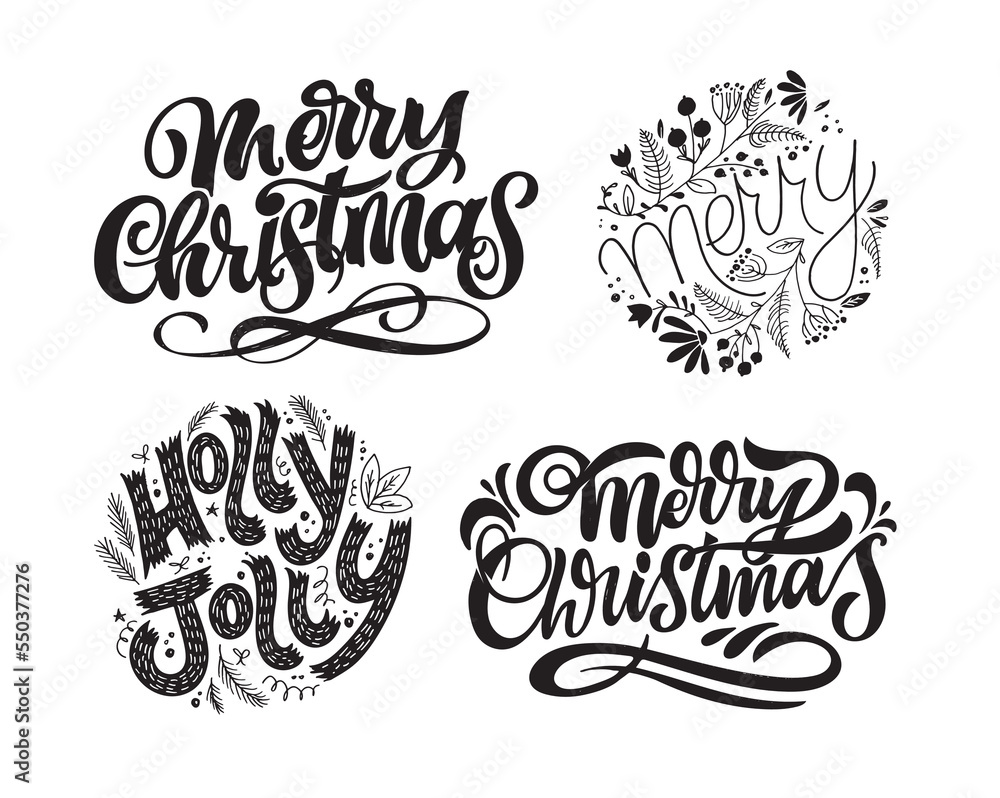 Fototapeta premium Happy winter holidays postcard. Seasons greetings. Merry Christmas and happy new year lettering. Holly jolly. Merry and bright.