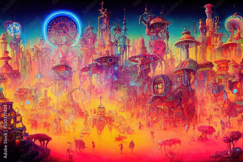 The enchanting trippy surreal neon amazing ghost town of beautiful gorgeous females in a bright colorful neon utopian Cyberpunk city