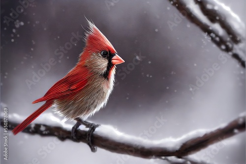 Tiny Cute Red Cardinal on a Branch in winter snow season © Rarity Asset Club