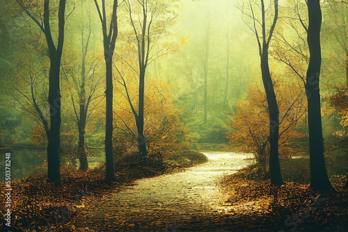 tranquil leaf-strewn forest path in autumn with lake view