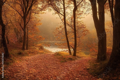 tranquil leaf-strewn forest path in autumn with lake view