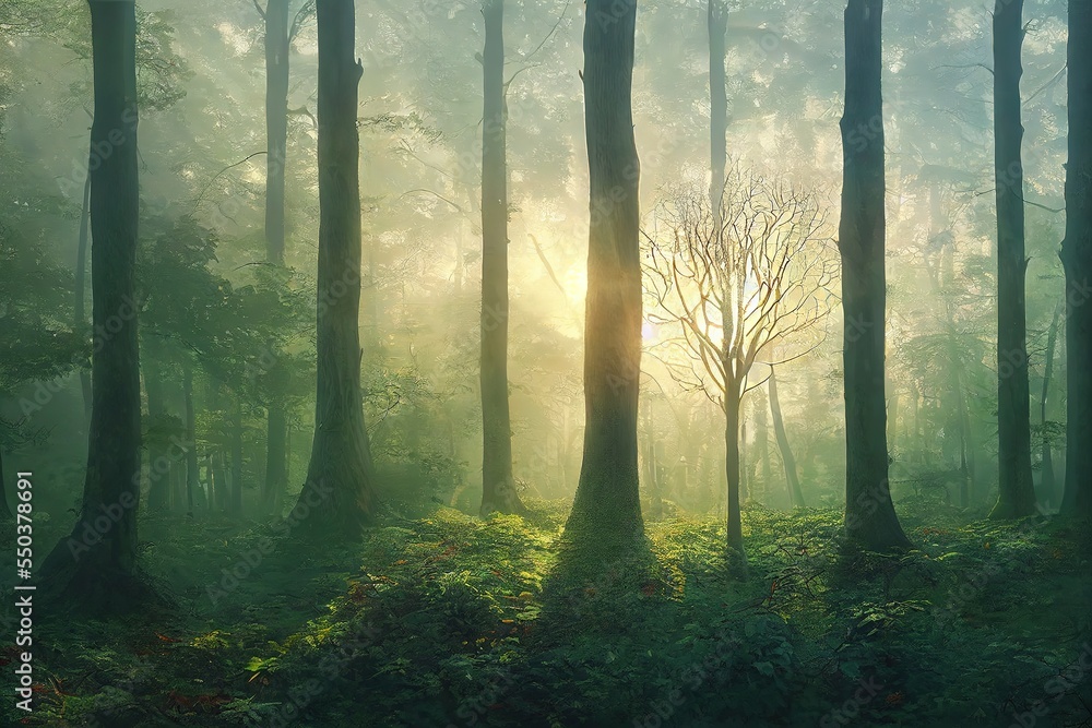 Ultra realistic tree with green beech leaves, stunning forests in the background, sunrise light