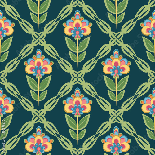 Floral seamless vector pattern with decorative folk style flowers placed in trellis.