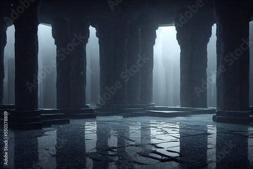underground temple, dark cavern with crystals, columns with ruins etched into them, ornate stone walls