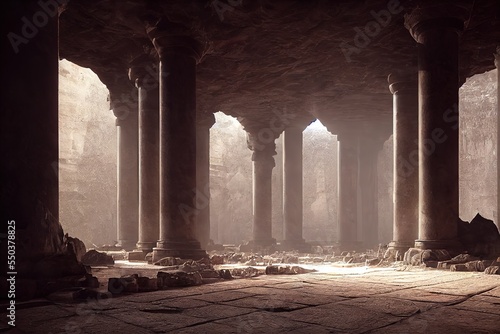underground temple, dark cavern with crystals, columns with ruins etched into them, ornate stone walls