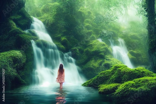 waterfall of eternal youth in sacred mystery forest  young beautiful nymph standing in the water