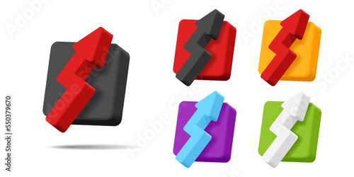 Set of 3d icons of arrow pointing up on a square volume shape in different colors