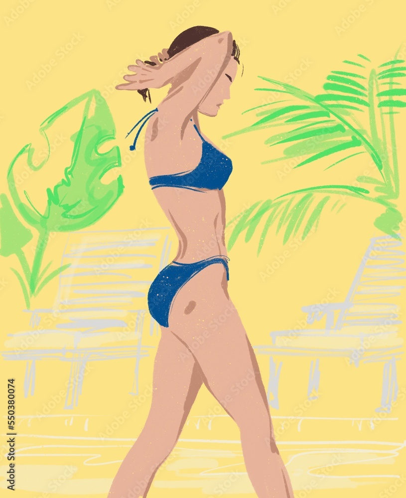 bright illustration of a slender sports girl in a bikini against the background of plants and deck chairs illustration 