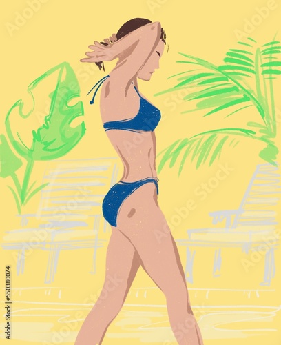 bright illustration of a slender sports girl in a bikini against the background of plants and deck chairs illustration 