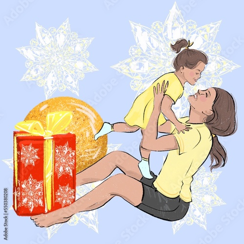 illustration happy joyful mom holding little daughter near gifts for print and gift 