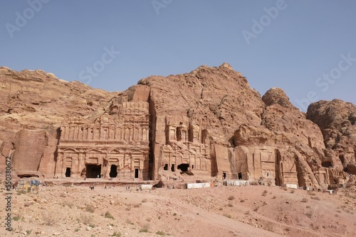 Complex of Royal Tombs (Palace Tomb, Corinthian Tomb, Silk Tomb) on Royal Wall in Nabataean city of Petra, Jordan. Petra is considered one of seven new wonders of world and is world heritage site.