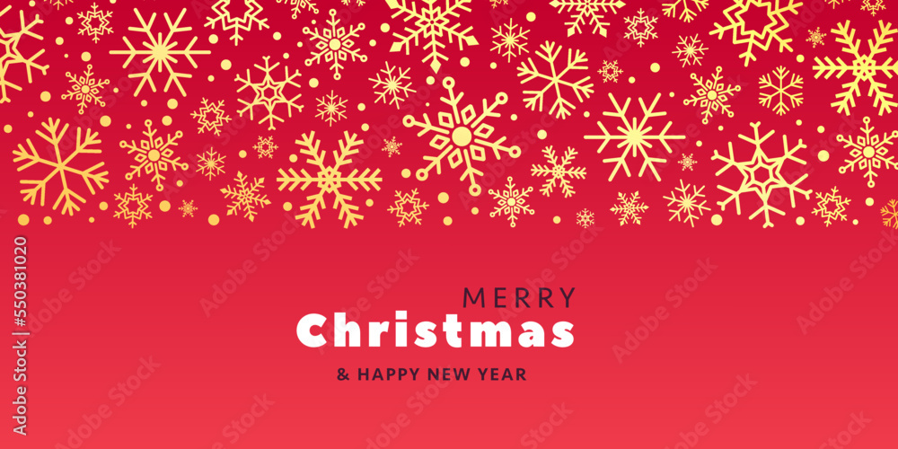 Vector flat horizontal up border red background Happy new Year 2023 Merry Christmas with flying different gold snowflakes crystal icons banner design