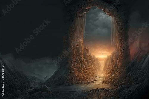 Gate to other world , fantasy theme illustration of the door that open path way to a different world , the unknown place Generative Ai