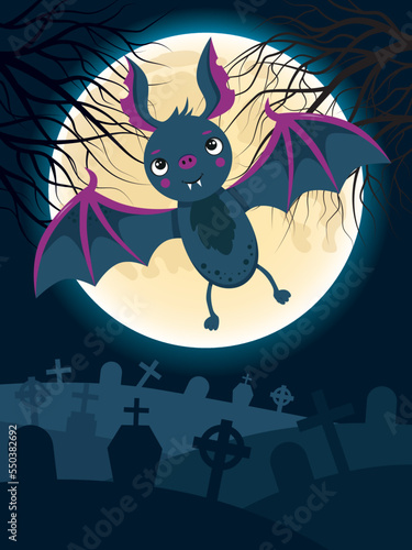 Halloween illustration with a bat and a graveyard in the background.