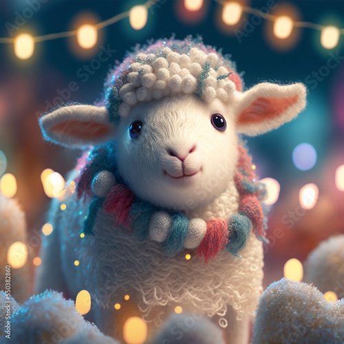 Wallpaper Mural cute sheep wearing scarf on snowy night with bokeh light of Christmas light as background	Generative Ai Torontodigital.ca