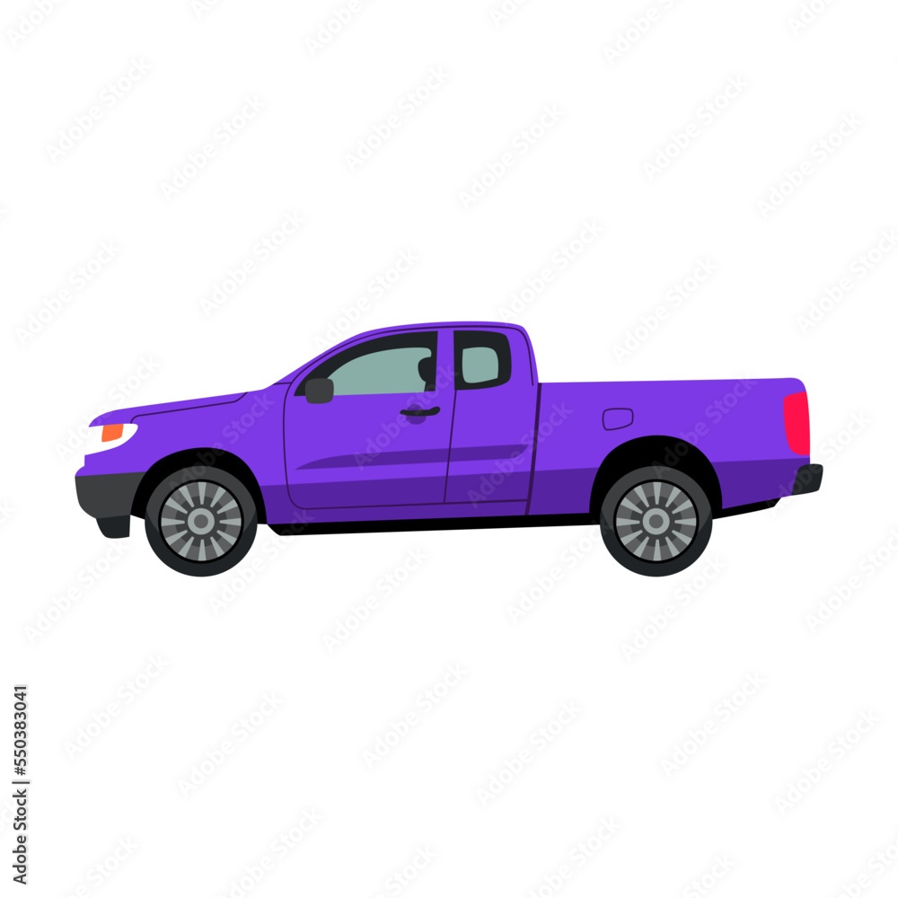 Side view of blue pickup truck, car model flat vector illustration. Auto, SUV, hatchback, sedan, pickup, convertible isolated on white background