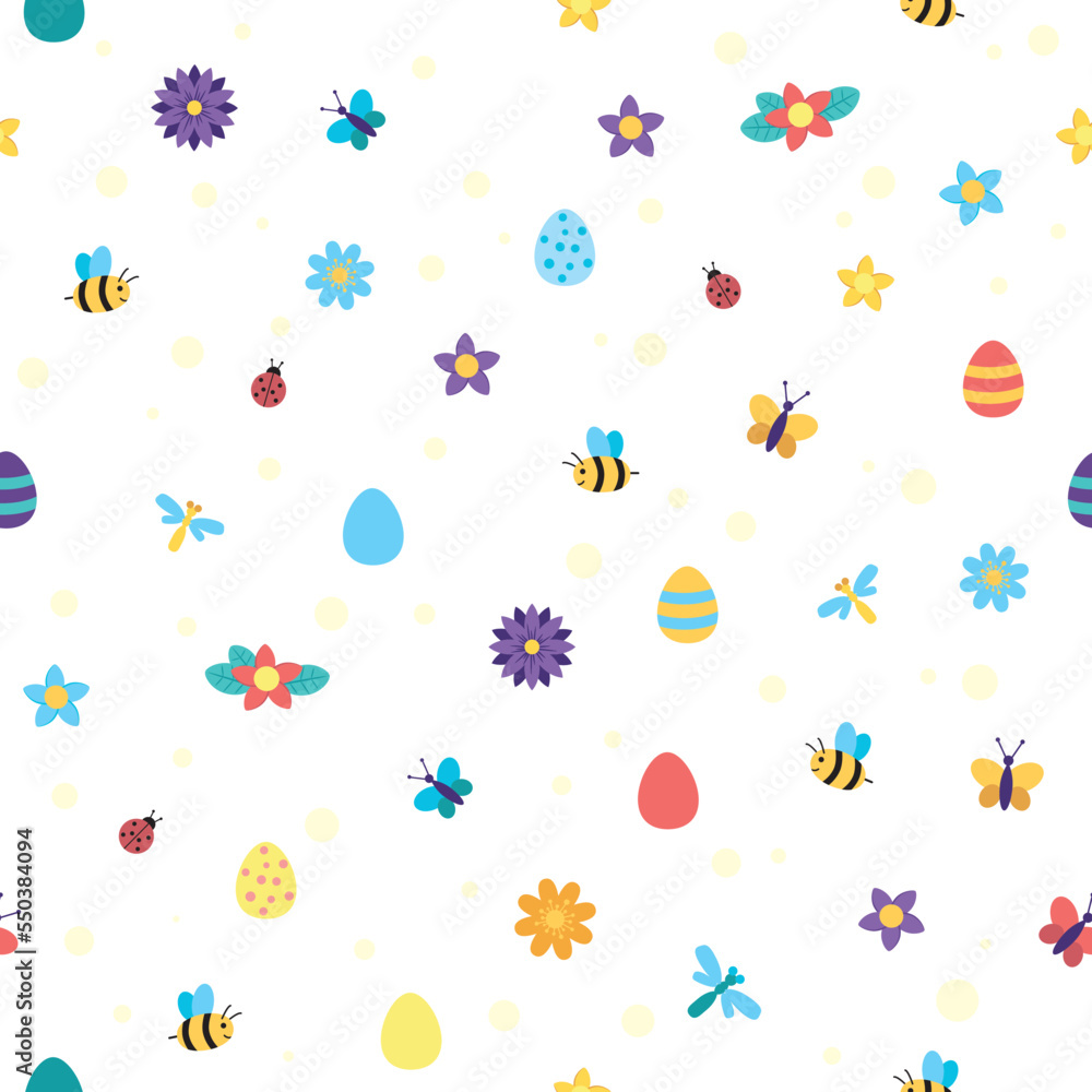 Endless pattern with eggs, flowers and insects. Spring, Easter pattern.