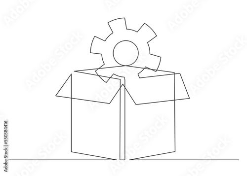 Continuous line drawing of gear in opening box.
Vector illustration